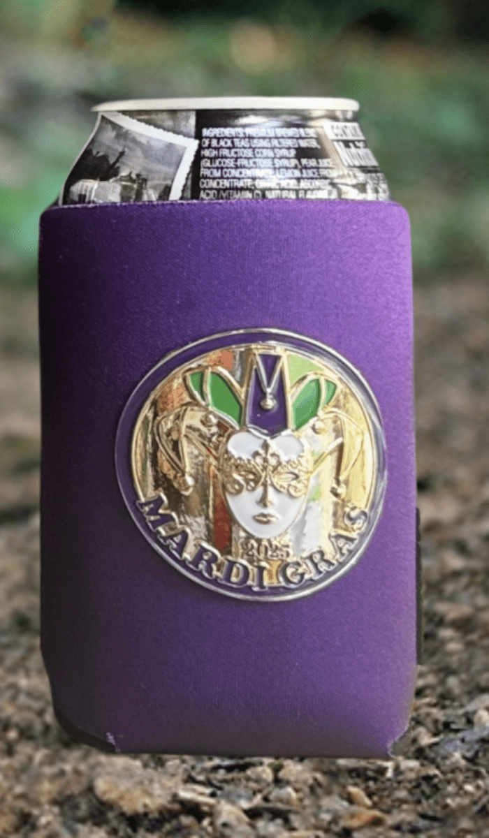 New Orleans Mardi Gras Beverage 12oz Can Coolers with Medallion Mardi Gras Mask in the Center! - Grace Global & Co