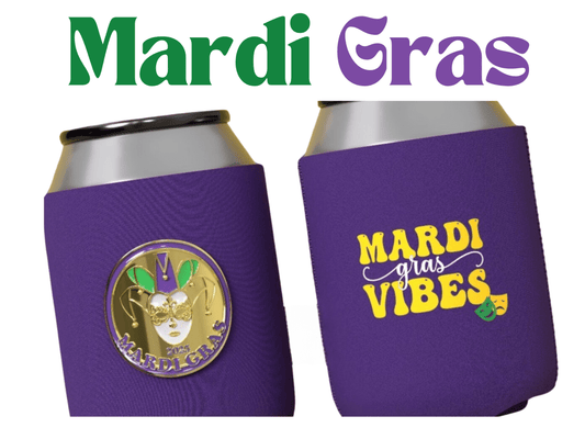 New Orleans Mardi Gras Beverage 12oz Can Coolers with Medallion Mardi Gras Mask in the Center! - Grace Global & Co